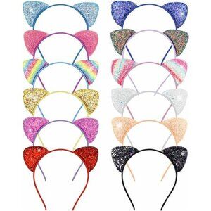 12 Pack Glitter Cat Ear Headbands Girls Women Party Hair Accessories Multicolor